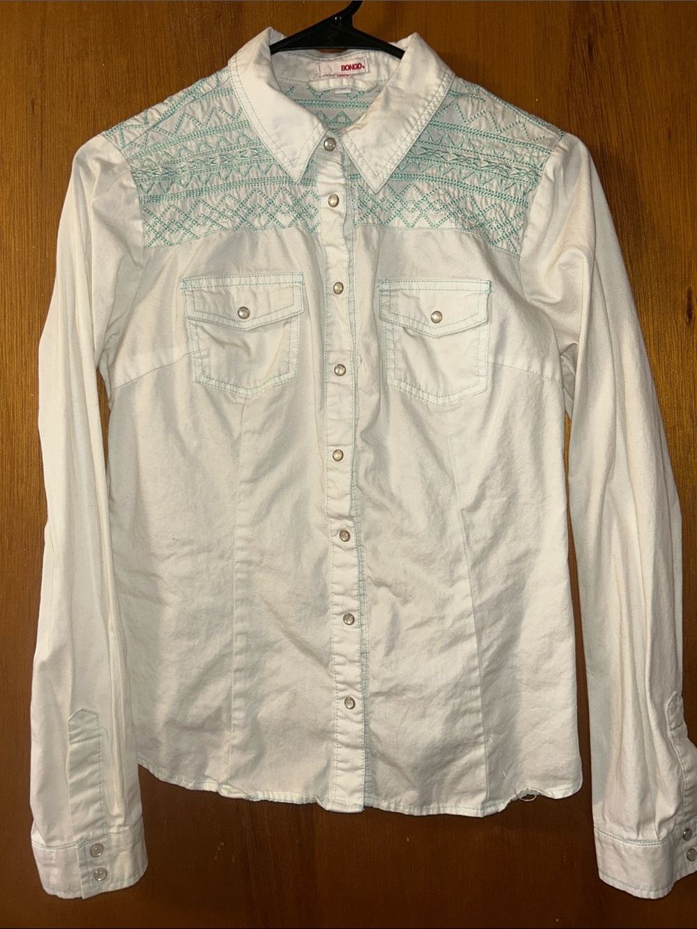 BONGO White Shirt with Mint Embroidered Neckline